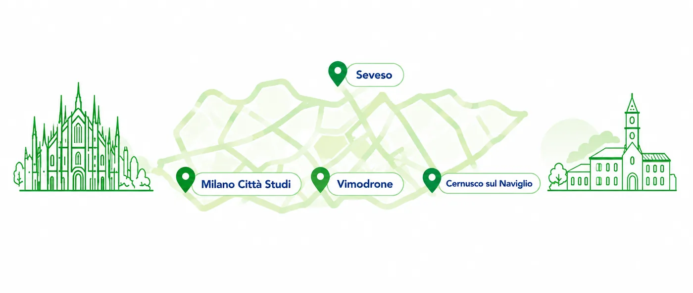 Mappa delle sedi di Seveso, Milano Città Studi, Vimodrone e Cernusco sul Naviglio